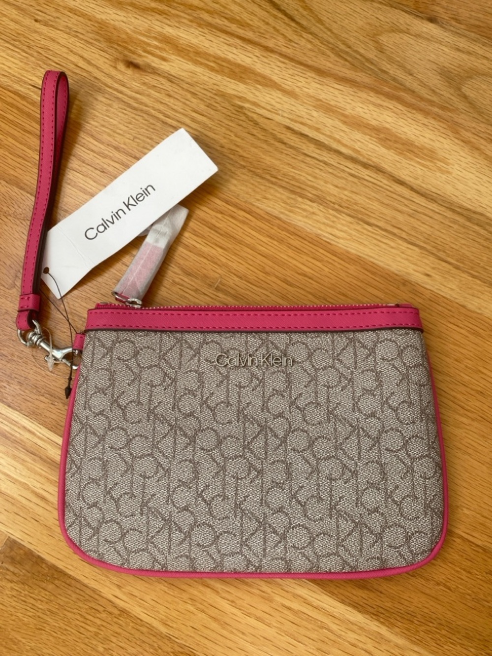 Calvin Klein Beige Monogram Wristlet with Pink Trim NWT